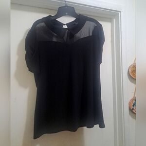 Adele And May XL Black Sheer Collared Puffed Sleeves Shirt Blouse